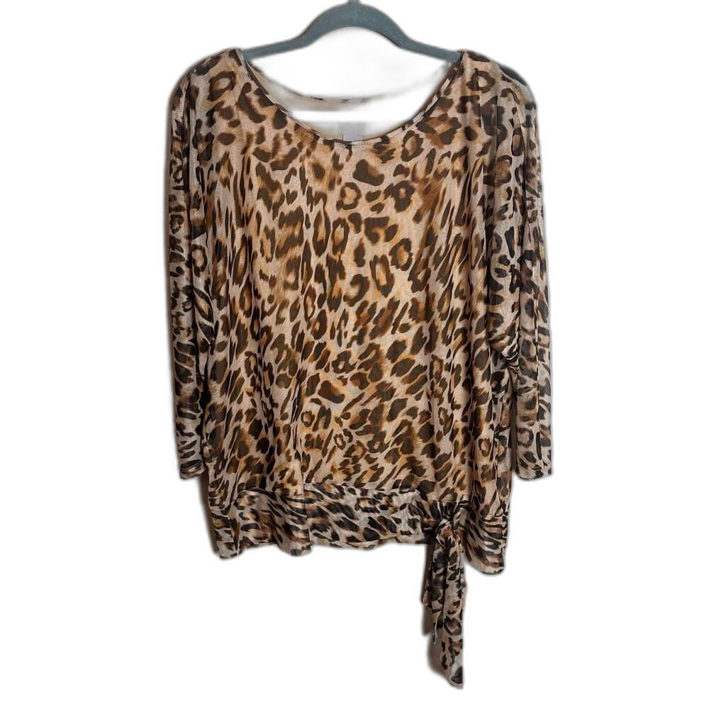 Chico's Leopard Print Mesh Overlay Side Tie Blouse XL Sz 3 3/4 Sleeve Top